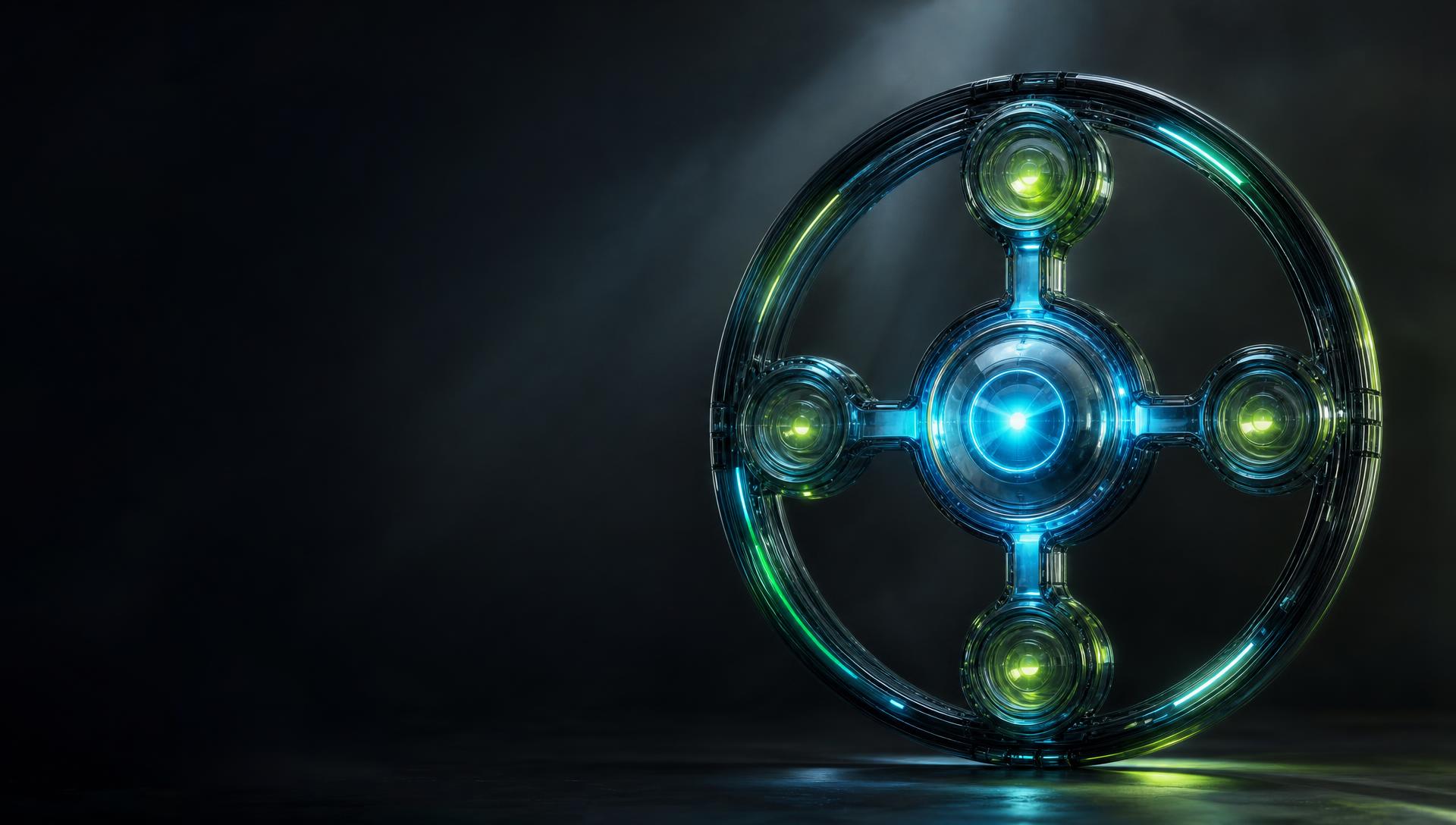 Representação conceitual do símbolo SGI: um núcleo de vidro e metal conectado a quatro pontos, iluminado em azul e verde